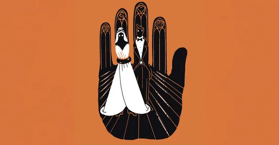 Illustration: In der Form einer Hand findet sich der Innenraum einer Kirche mit langgezogenen Kirchenfenstern in allen Fingern außer dem Daumen. Im Ringfinger ist zudem die Figur einer Braut zu sehen, der Ehering an der Handsilhouette bildet gleichzeitig einen engen Gürtel über ihrem Kleid. Rechts neben ihr im Mittelfinger befindet sich der Bräutigam. Beide schauen sich mit großen Augen an.