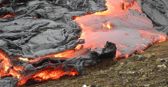 Close-up view of a lava flow near Langihryggur mountain during the Geldingadalir eruption 2021.