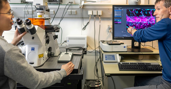 Dem Physiologen Prof. Dr. Salim Seyfried (r.) gelang vor einigen Jahren ein wichtiger Durchbruch. Prof. Dr. Salim Seyfried und Doktorand Van-Cuong Pham im Labor.