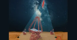 Visualisierung der H.E.S.S.-Teleskopanordnung zur Erfassung der Teilchenschauer, die von hochenergetischen kosmischen Elektronen und Positronen sowie von Gammastrahlen erzeugt werden.