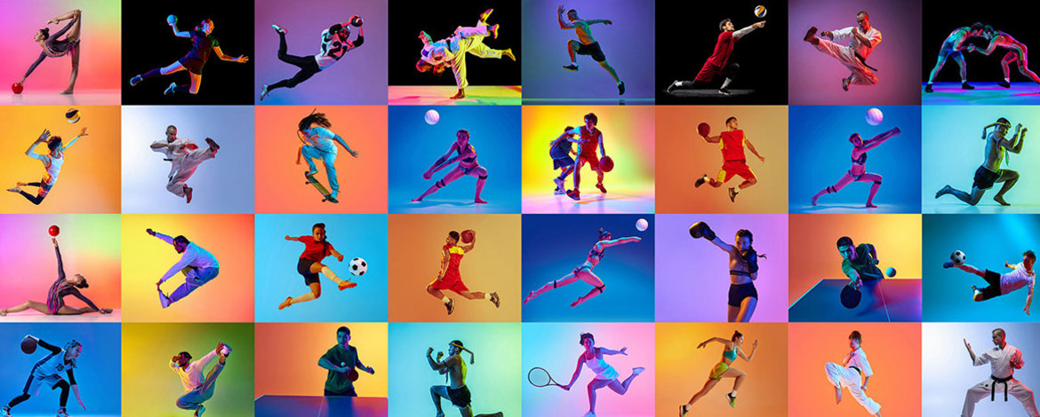 In vielen verschiedenen rasterförmig ausgerichteteten Kacheln sind jeweils unterschiedliche Sportarten repräsentiert. Sie werden ausgeführt von verschiedenen Menschen in diversen Posen. Die Bilder haben jeweils einen anders(stark)farbigen Hintergrund. - Interner Link zur Seite des Hochschulsports