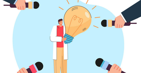 Die Kommunikation von Forschungsergebnissen ist essenziell – nicht erst seit der Corona-Pandemie. Illustration: Ein Mann mit einem langen weißen Kittel hält eine große Glühbirne in der Hand. Um ihn herum sind Arme die Mikrofone auf ihn gerichtet halten.