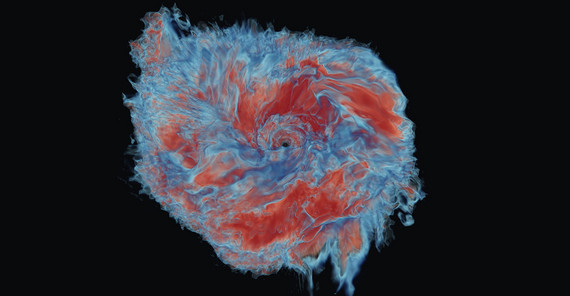 Numerische Simulation des entstehenden Auswurfmaterials zweier verschmelzender Neutronensterne. Numerische Simulation des entstehenden Auswurfmaterials zweier verschmelzender Neutronensterne. Rote Farben beziehen sich auf ausgeworfenes Material mit einem hohen Anteil an Neutronen, wohingegen blaues Material einen hohen Anteil an Protonen enthält.