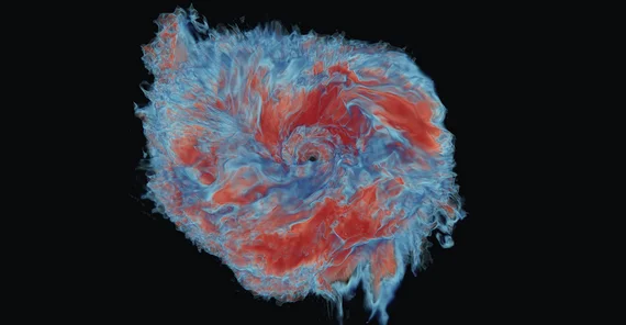 Numerische Simulation des entstehenden Auswurfmaterials zweier verschmelzender Neutronensterne. Rote Farben beziehen sich auf ausgeworfenes Material mit einem hohen Anteil an Neutronen, wohingegen blaues Material einen hohen Anteil an Protonen enthält.