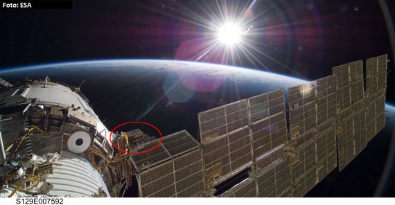 Internationale Raumstation (ISS). Zwischen dem Swesda-Modul und der Solarpanele ist die EXPOSE-R Plattform zu erkennen (rot umrandet). Dort werden die Moose und die anderen Organismen integriert und bis zu 18 Monate lang den Weltraumbedingungen ausgesetzt Internationale Raumstation (ISS). Zwischen dem Swesda-Modul und der Solarpanele ist die EXPOSE-R Plattform zu erkennen (rot umrandet). Dort werden die Moose und die anderen Organismen integriert und bis zu 18 Monate lang den Weltraumbedingungen ausgesetzt. Foto: ESA