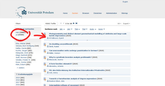 Blick in den Katalog des Universitätsservers - auf die letzten der 10.000 verfügbaren Publikationen. Blick in den Katalog des Universitätsservers - auf die letzten der 10.000 verfügbaren Publikationen.