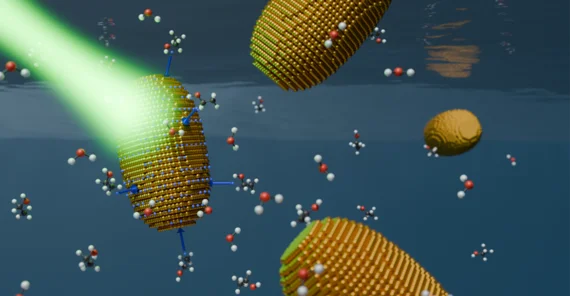 Theoretical illustration of gold nanorods surrounded by water and ethanol molecules.