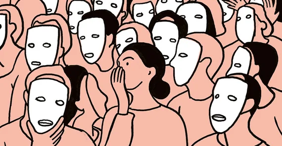 Digital drawing with simple lines and colours: view of a crowd of people. All but one person in the middle are wearing simple white masks. She is whispering behind her hand. Many seem to be listening to her.