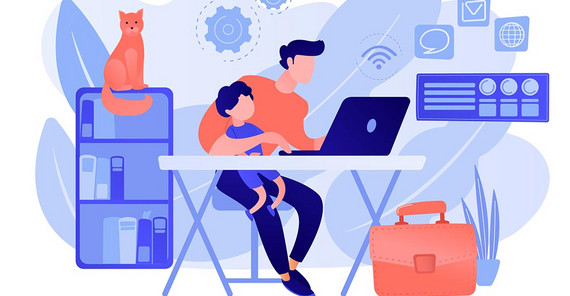 Homeoffice-Situation Grafische Darstellung einer Person, die mit Kind am Arbeitsplatz im Homeoffice sitzt. Die Grafik ist von AdobeStock/Visual Generation.