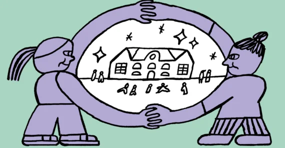 Simple Illustration: Zwei kleine Personen greifen sich bei den Händen. Ihre Arme bilden ein Oval in dessen innern ein Schulgebäude mit Kindern davor zu sehen ist.