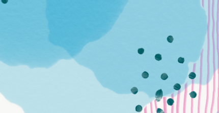 abstraktes Bild von hellblauen Flecken, dunkelgrünen Punkten und rosa Linien