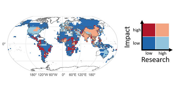 Global map of flood research in relation to flood impact. Global map of flood research in relation to flood impact.