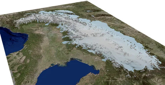 3d-Modell der alpinen Eiskappe während des letzten glazialen Maximums (Quelle: Jürgen Mey)