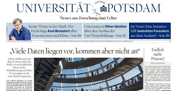 Das Bild zeigt die Beilage der Universität Potsdam im Tagesspiegel und den Potsdamer Neuesten Nachrichten erschienen ist. Beim Anklicken öffnet sich das Bild im neuen Fenster.