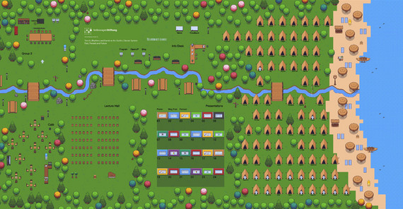 Der gesamte „gather.town“-Campus mit verschiedenen Bereichen – von Gruppenräumen bis zum Picknickplatz. | Foto/Screenshot: Martin Trauth Der gesamte „gather.town“-Campus mit verschiedenen Bereichen – von Gruppenräumen bis zum Picknickplatz. | Foto/Screenshot: Martin Trauth