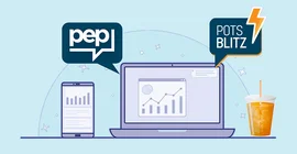 Das Bild zeigt eine Grafik eines Laptops und Smartphones. Daneben ein kühles Getränk. Aus dem Laptop kommen zwei Sprechblasen, auf der "pep" und "Potsblitz" steht.