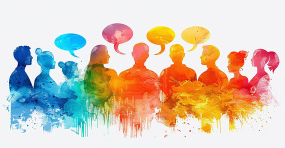 Symbolbild: Verschiedene Menschen silhouettenartig dargestellt. Einige mit Sprechblasen.