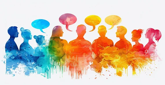 Symbolbild: Verschiedene Menschen silhouettenartig dargestellt. Einige mit Sprechblasen.