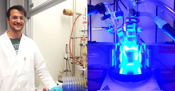 Left: Dr. Stefano Mazzanti in the lab / Right: photocatalytic reactor