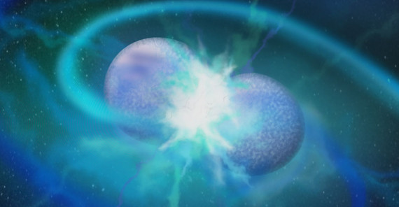 Künstlerische Darstellung der Verschmelzung zweier Weißer Zwergsterne Künstlerische Darstellung der Verschmelzung zweier Weißer Zwergsterne.