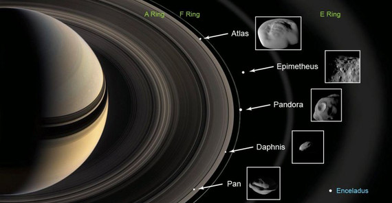 Abbildu Abbildung: Cassini-Aufnahmen der fünf Saturnmonde, die sich auf Bahnen in den Ringen (Pan und Daphnis) bzw. etwas außerhalb derselben um den Planeten bewegen. Die Materialanhäufungen („Bauchbinden“) in den Äquatorregionen von Pan, Daphnis und Atlas belegen die gravitative Anlagerung von Ringmaterial. Daher muss sich auch Atlas einst inmitten der dichten Ringe befunden haben. Quelle: NASA-JPL/Caltech