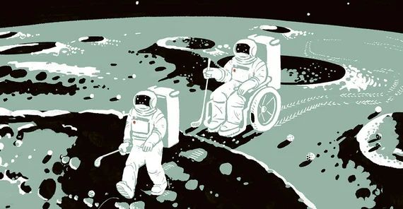 Illustration: Zwei Personen bewegen sich auf dem Mond in Raumanzügen, eine von ihnen im Rollstuhl. Beide scheinen Golf zu spielen (Golfschläger und Bälle).