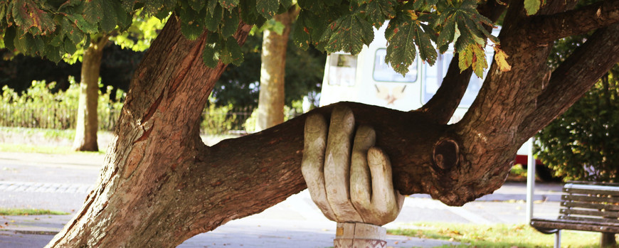 Helping Hand Tree supported by hand sculpture