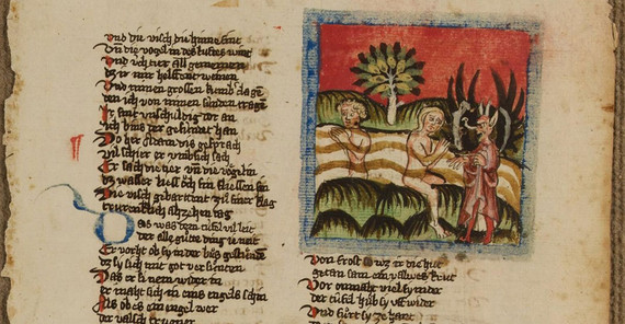 Ein Ausschnitt eines vergilbten Blattes Papier mit handgeschriebenem Text und einer farbigen Zeichnung. Es stammt aus dem Mittelalter.