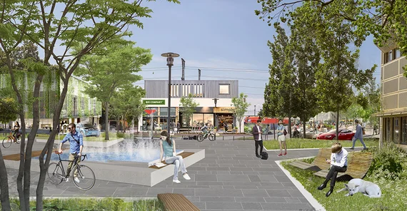 Bild:Hanno Cornelius Conrad. Die Vision des Autors für Golm. Im Vordergrund sitzt eine Frau am Springbrunnen und liest ein Buch. Links neben ihr steht ein Mann mit Fahrrad. Der Frau am Springbrunnen gegenüber sitzt eine Frau auf einer Bank, neben ihr sitzt ein Hund. Im Hintergrund sind weitere Menschen und Geschäfte.