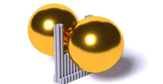 DNA-Origami-Nanostruktur mit zwei Goldnanopartikeln. Foto: Christian Heck. DNA-Origami-Nanostruktur mit zwei Goldnanopartikeln. Foto: Christian Heck.