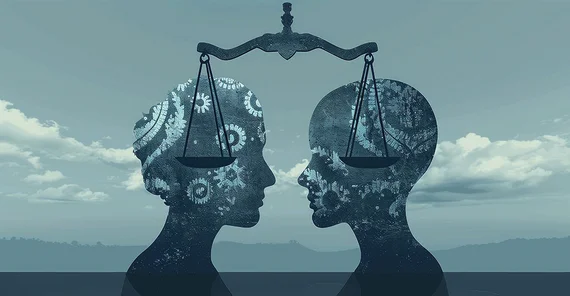 Symbolbild: Silhoutten zweier Köpfe in Wagschale. Der eine mit Mustern von Zahnrädern, der andere mit Andeutungen eines Herzens.