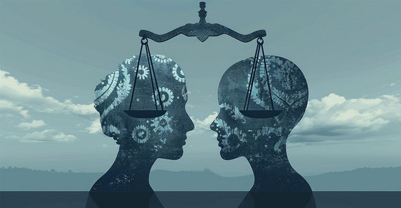 Symbolbild: Silhoutten zweier Köpfe in Wagschale. Der eine mit Mustern von Zahnrädern, der andere mit Andeutungen eines Herzens.