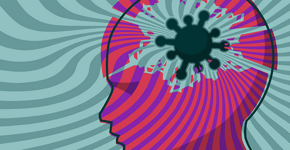 Rehabilitation im Dialog | Tagun am 6. Mai 2022 Symbolbild. Grafische Darstellung eines Kopfes von der Seite mit Corona-Virus.