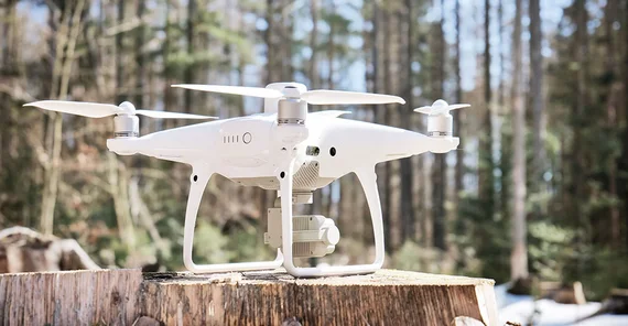 Drohne steht auf einem Baumstumpf. Das Foto ist von Jonas Zeidler.