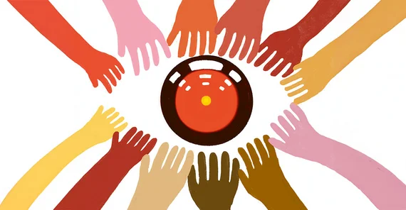 Farbige Illustration: Viele Hände umringen eine runde Fläche in der Bildmitte, ihre Finger wirken wie Wimpern. Der Kreis ist in der Mitte rot und hat einen schwarzen Rand. Glänzende Effekte sind zu erkennen, sodass der Kreis noch mehr wie eine belebte Iris wirkt.