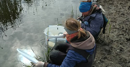 Zwei Studentinnen hocken mit Reuse an einem Gewässerrand.