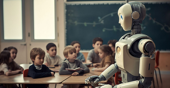 Wie intelligente Assistenzsysteme den Unterricht besser machen können Schulklasse mit einem humanoiden Roboter im Unterricht