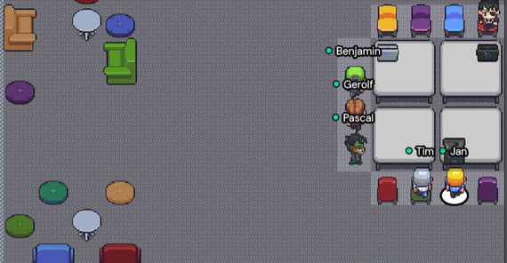 Hackathon „Open Data – Open University“, Foto: Jan Bernoth; Gathertown Sechs Figuren sitzen in einem gezeichneten Raum. Das Foto ist von Jan Bernoth und von Gathertown.