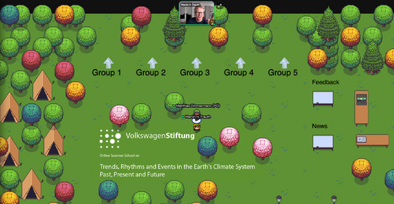 Prof. Martin Trauth, Organisator der Sommerschule „Trends, Rhythms and Events in the Earth's Climate System Past, Present and Future“, führt durch den virtuellen Campus in „gather.town“. | Foto/Screenshot: Matthias Zimmermann Prof. Martin Trauth, Organisator der Sommerschule „Trends, Rhythms and Events in the Earth's Climate System Past, Present and Future“, führt durch den virtuellen Campus in „gather.town“. | Foto/Screenshot: Matthias Zimmermann