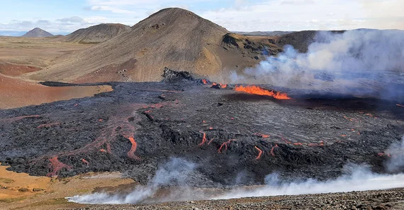 Lava flow field during the Meradalir eruption in 2022. The photo was taken within 24 h of the eruption onset and the elongated fissure that effuses lava is still visible.