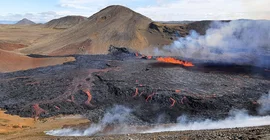 Lava flow field during the Meradalir eruption in 2022. The photo was taken within 24 h of the eruption onset and the elongated fissure that effuses lava is still visible.