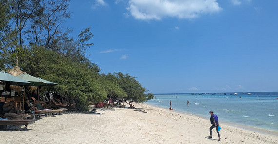Menschen an einem tropischen Strand mit Meer und Palmen