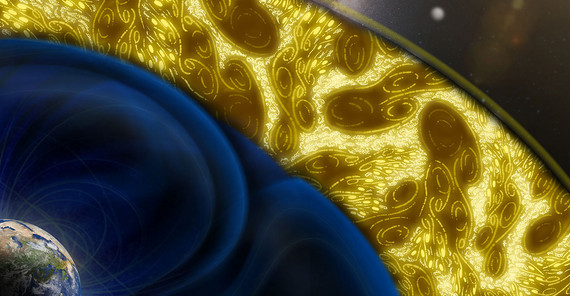 Turbulenzwirbel in der Magnetosphäre der Erde von großen zu kleinen Skalen. Künstlerische Darstellung der Turbulenzwirbel in der Magnetosphäre der Erde von großen zu kleinen Skalen. Eine zunehmende Helligkeit zeigt eine steigende Nichtlinearität an.