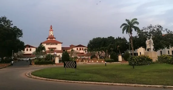 View of the main library building on the university campus