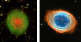 Bilder des Planetarischen Nebels HuBi 1 (links) und des sogenannten Ringnebels NGC 6720 (rechts), aufgenommen mit speziellen Filtern. Die Emission von niedrig ionisiertem Gas ist jeweils in Rot dargestellt, Emission von hoch ionisiertem Material in Blau und Grün. Foto: Martin A. Guerrero, Gerardo Ramos Larios / Hubble Space Telescope HRD: Marcelo M. Miller Bertolami, Martin A. Guerrero, Gerardo Ramos Larios.