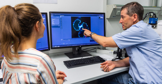 Doktorandin Nastasja Grdseloff und Prof. Salim Syfried bei der Auswertung von Lichtblatt-Mikroskop-Aufnahmen | Foto: Kevin Ryl Doktorandin Nastasja Grdseloff und Prof. Salim Syfried bei der Auswertung von Lichtblatt-Mikroskop-Aufnahmen | Foto: Kevin Ryl