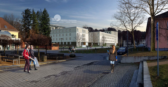 Sicht von der Mensa auf das geplante Wohnheim in Golm Sicht von der Mensa auf das geplante Wohnheim in Golm