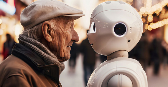 Älterer Mann steht einem Roboter Kopf an Kopf gegenüber.