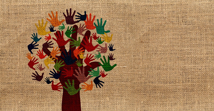 Scholars at Risk painting of a tree built up with colored hands