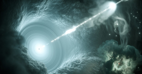 Artistic depiction of the active galaxy core. The supermassive black hole at the center of the accretion disk sends an energized, sharply focused particle beam vertically into space. Graphic: DESY Science Communication Lab. Artistic depiction of the active galaxy core. The supermassive black hole at the center of the accretion disk sends an energized, sharply focused particle beam vertically into space. Graphic: DESY Science Communication Lab.